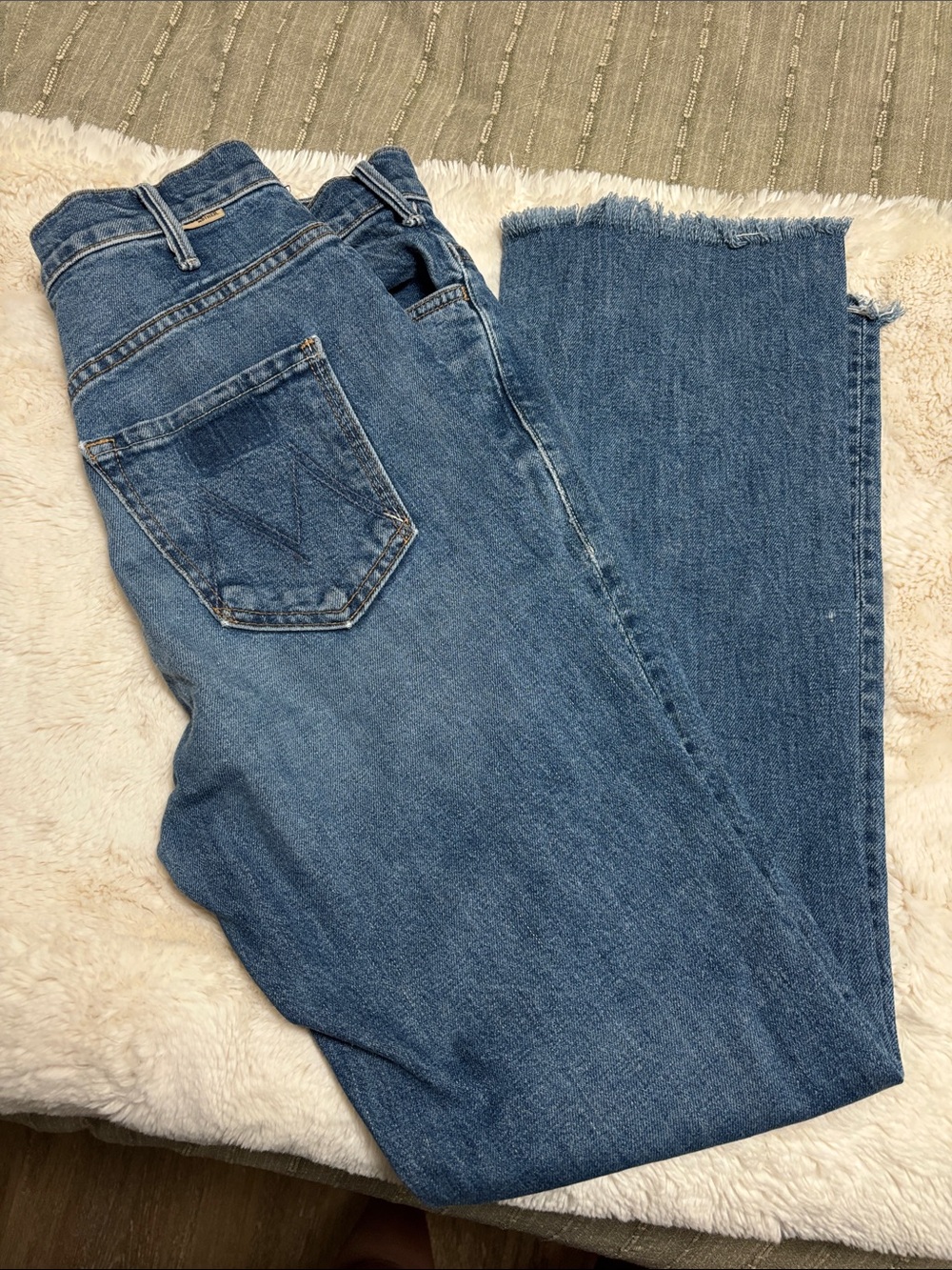 MOTHER Blue Wide-Leg Frayed Hem Jeans